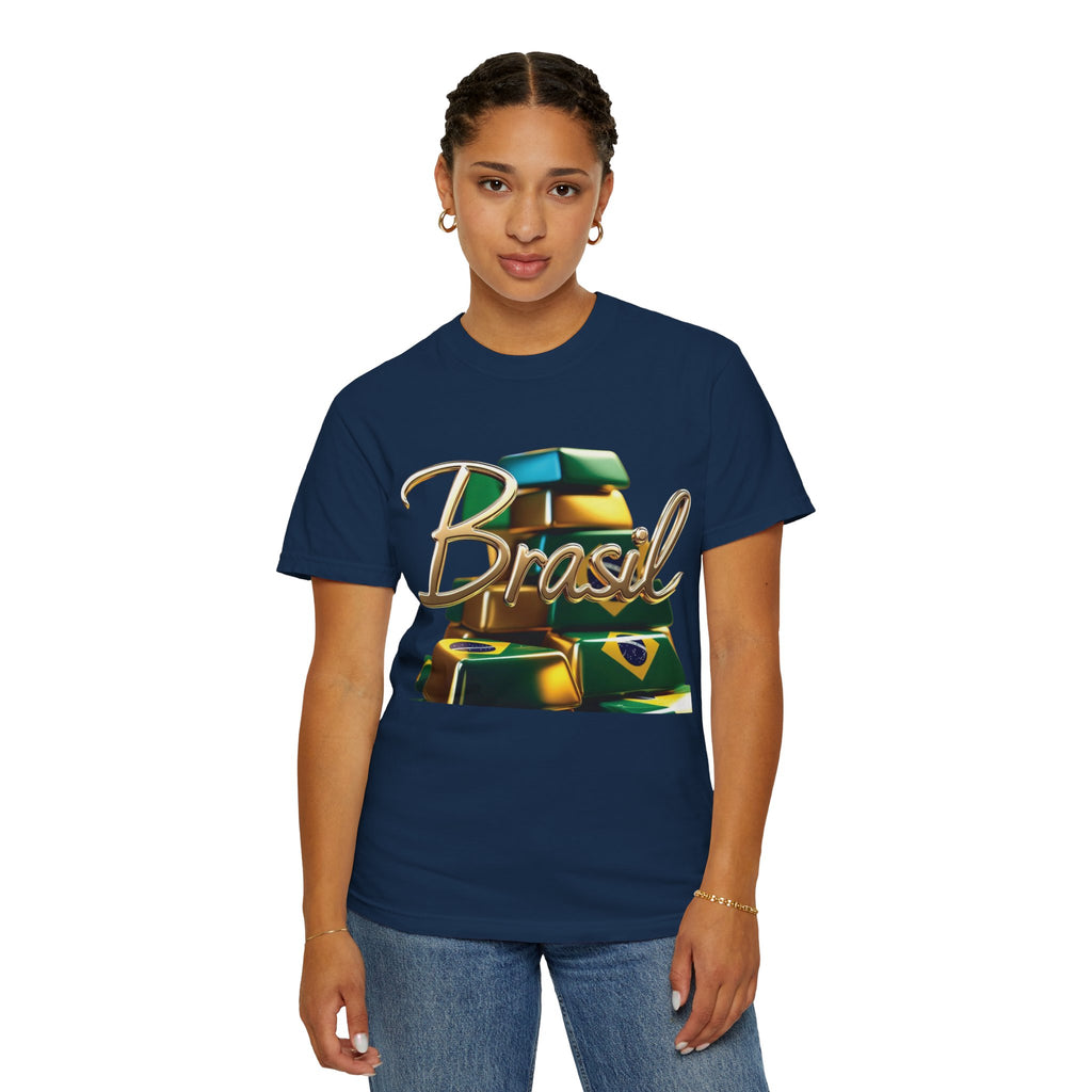 Unisex T-shirt with a Brazilian gold bar design – perfect for travelers and festival lovers