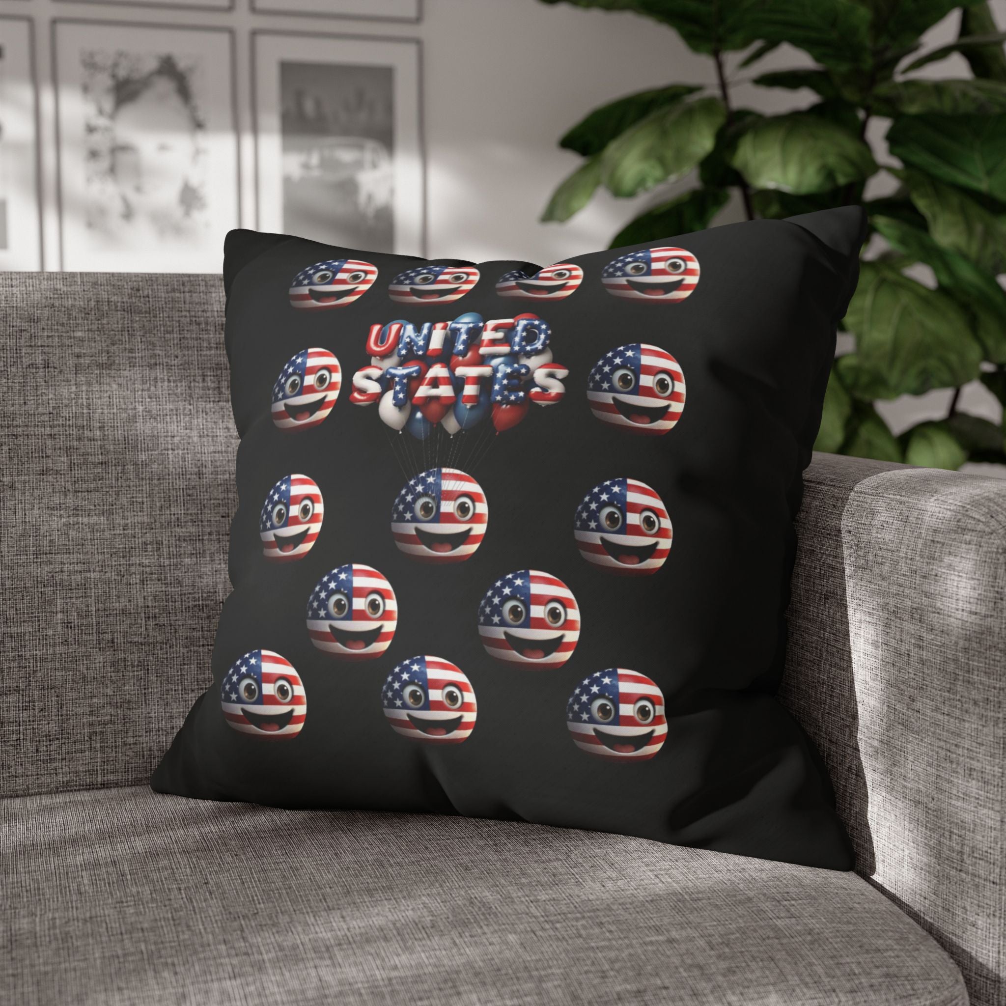 Patriotic USA Flag Emoji Square Pillowcase — American Stars & Stripes Throw Pillow Cover