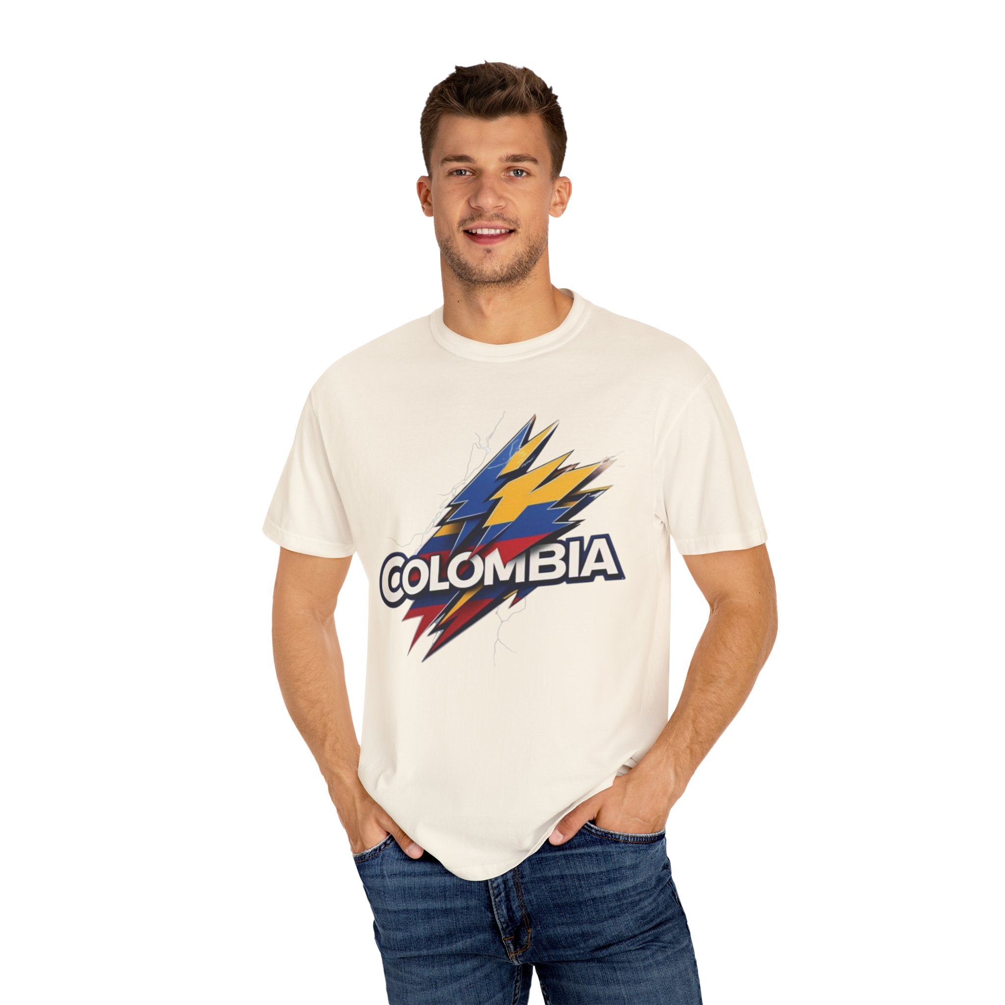 Camiseta unisex teñida en prenda de Colombia - Diseño de rayo llamativo