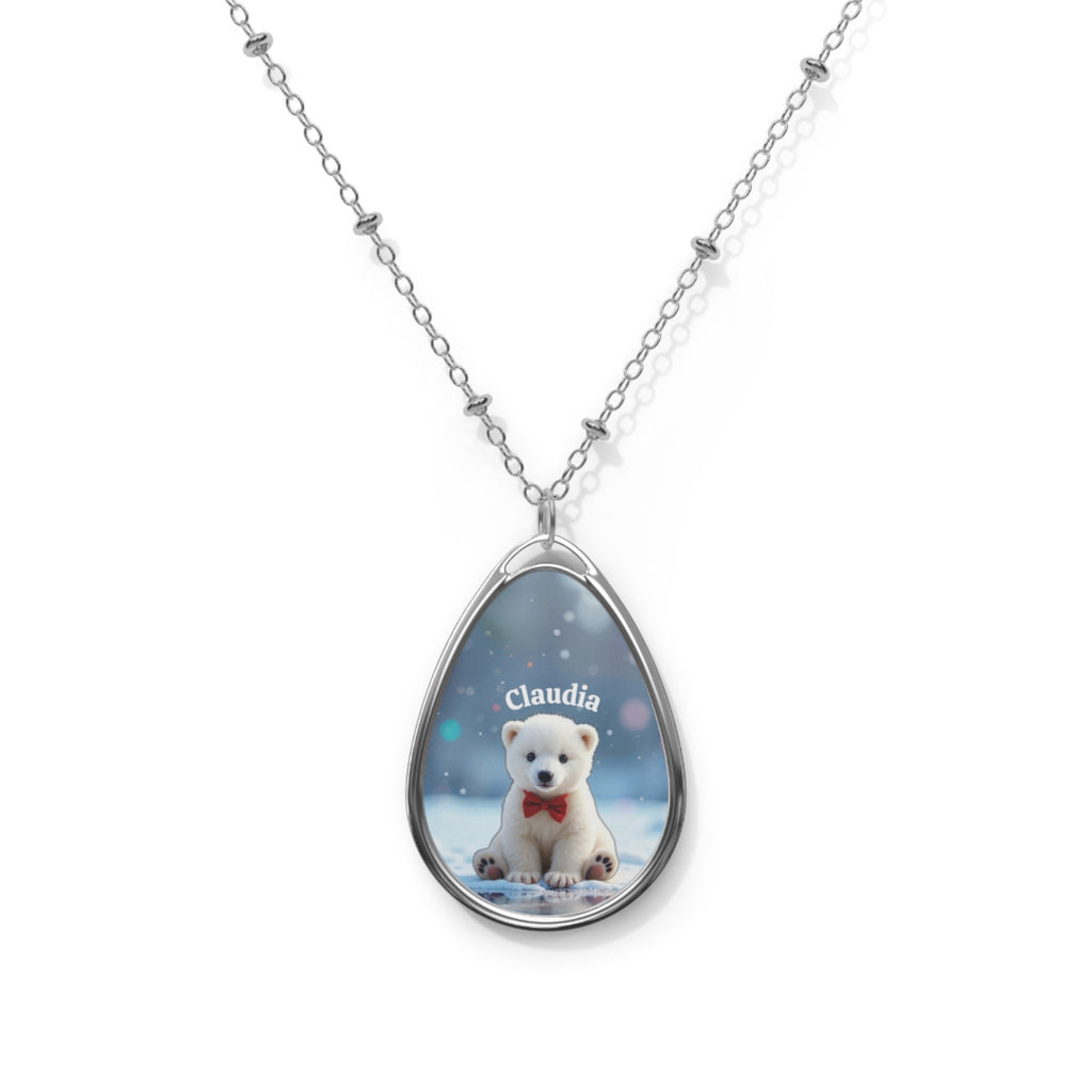 Personalized Oval Polar Bear Necklace — Snowy Name Pendant