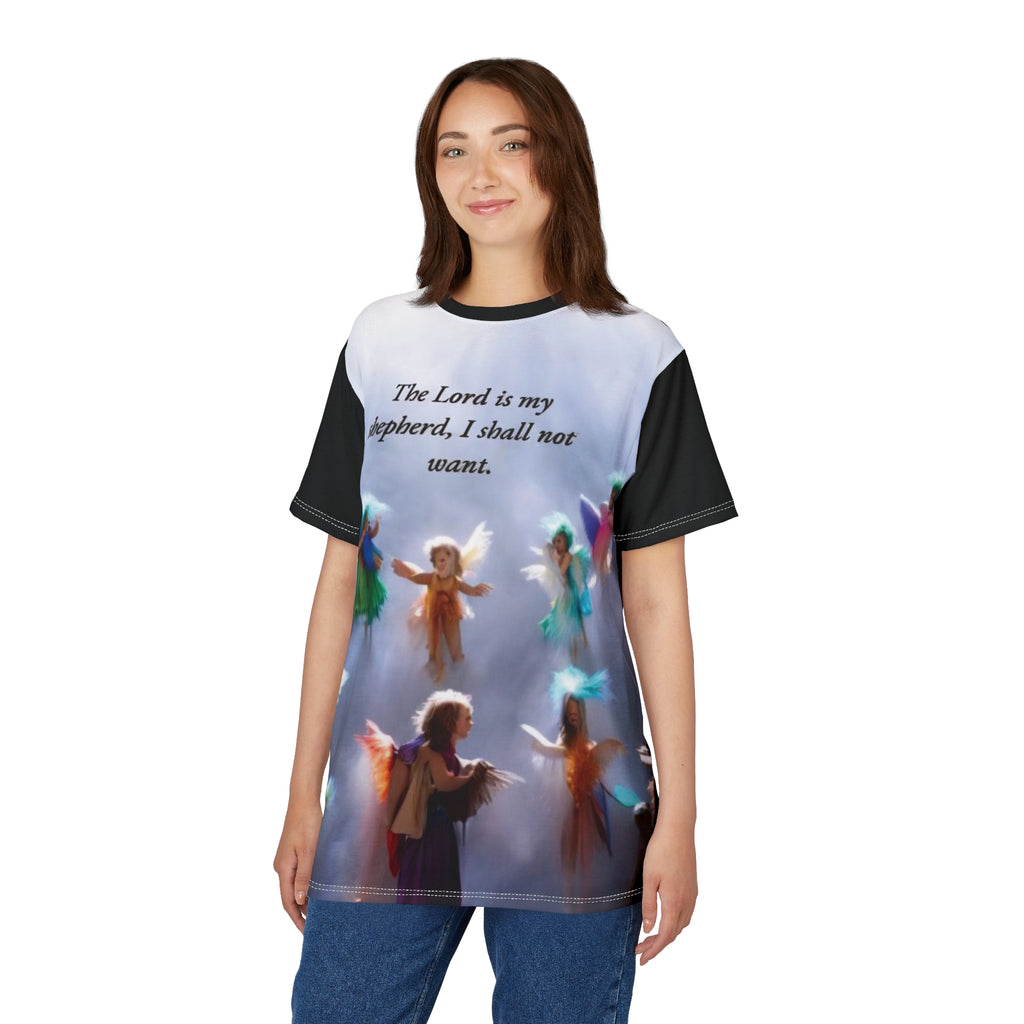 Angelic Faith Unisex Tee | Inspirational Shirt, Christian Apparel, Comfort Tee, Religious Gift, Unique AOP Design