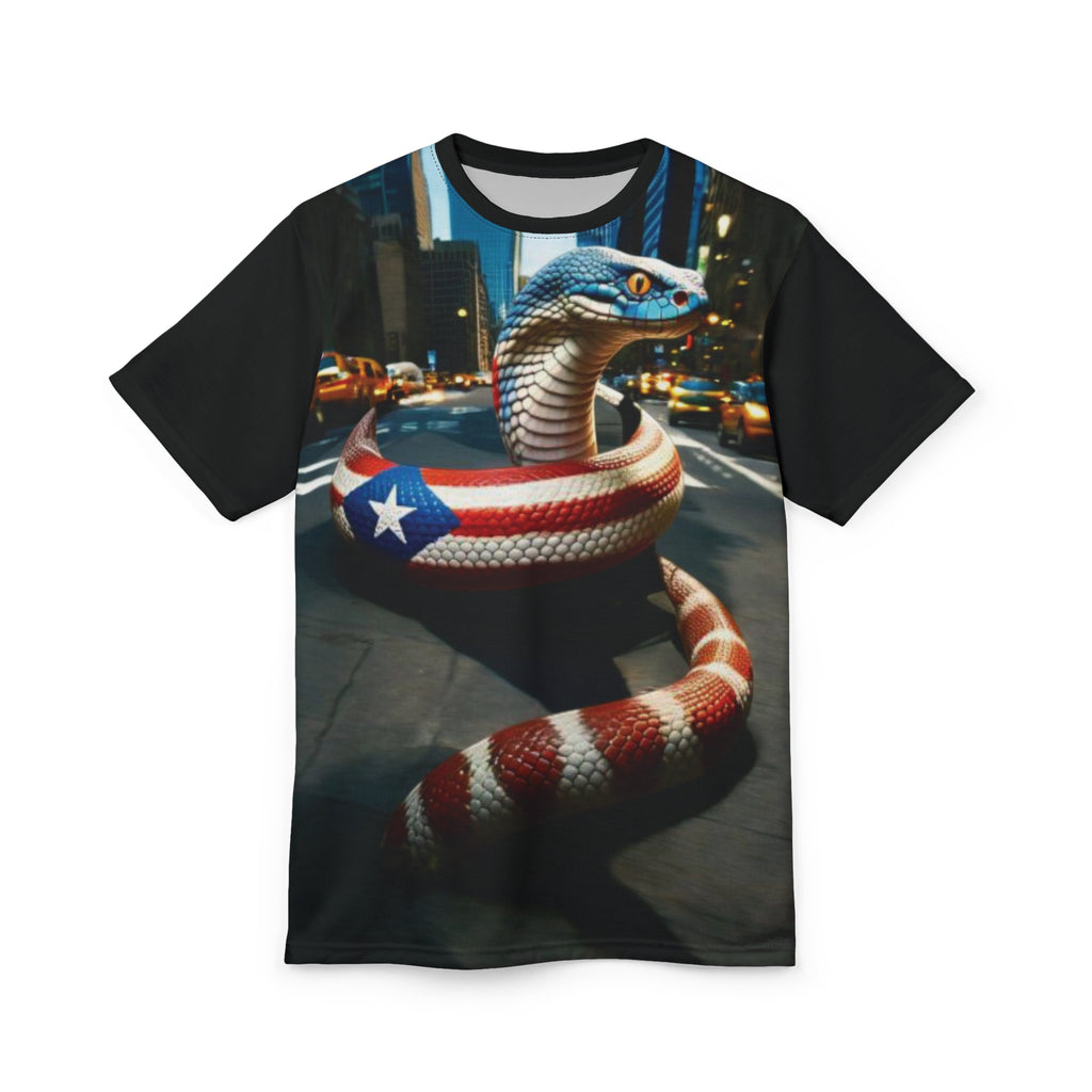 Camiseta unisex puertorriqueña con diseño de bandera y serpiente