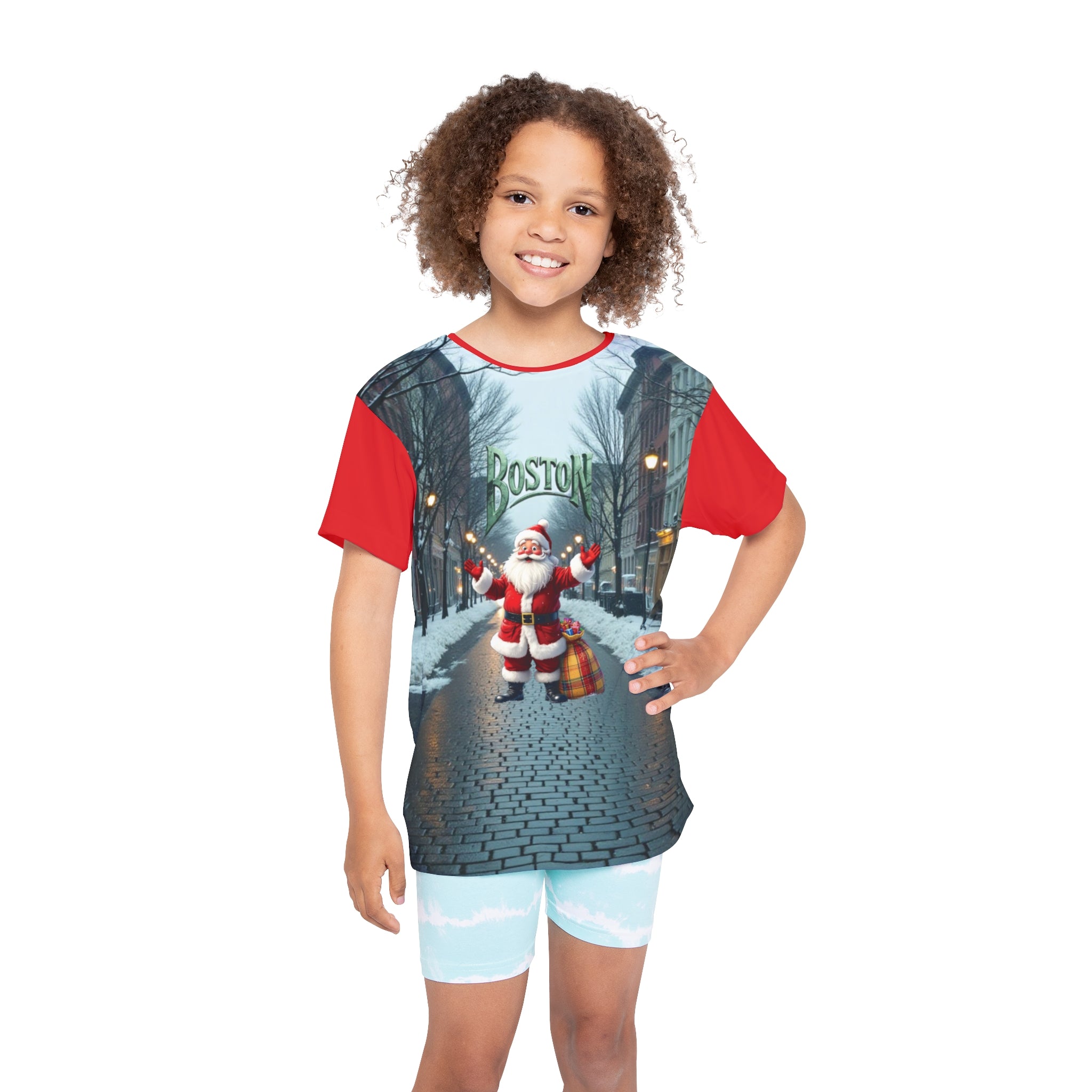 Kids Sports Jersey, Boston Santa Christmas Tee, Youth Holiday Shirt, Festive Apparel,