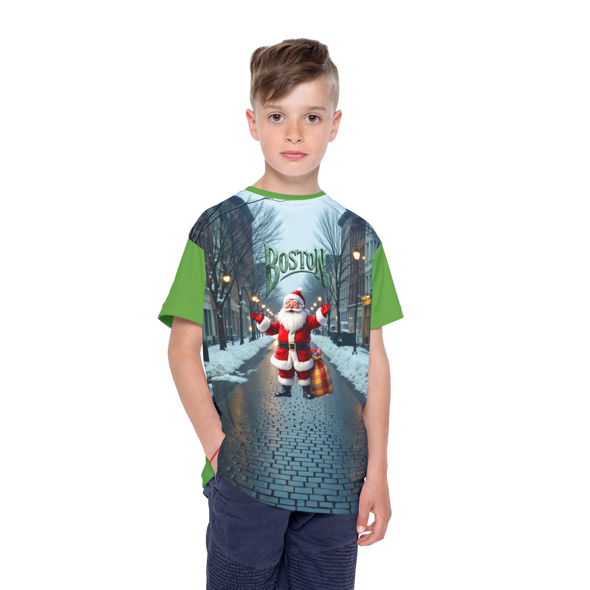 Kids Jersey, Boston Santa Christmas Tee, Youth Holiday Shirt, Festive Apparel,