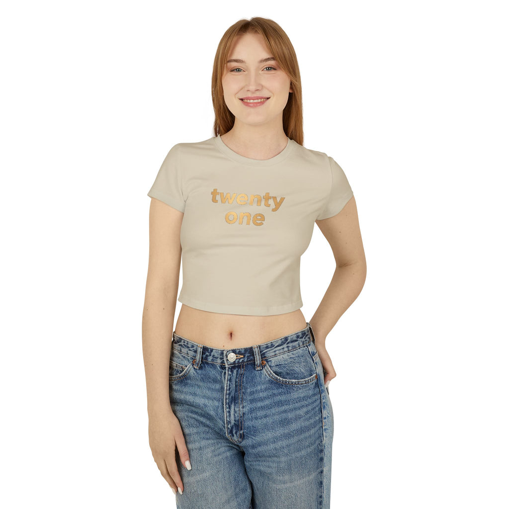 Urban Elegance: Black "Twenty One" Crop Top with Gold Print