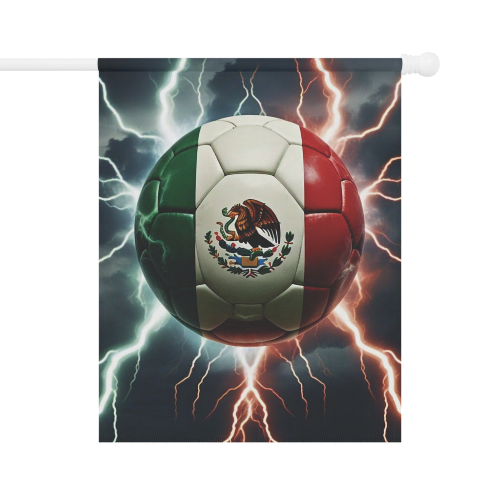 Mexican Flag Soccer Ball Garden Flag — Lightning Storm Outdoor House Banner for Mexico Football Fans