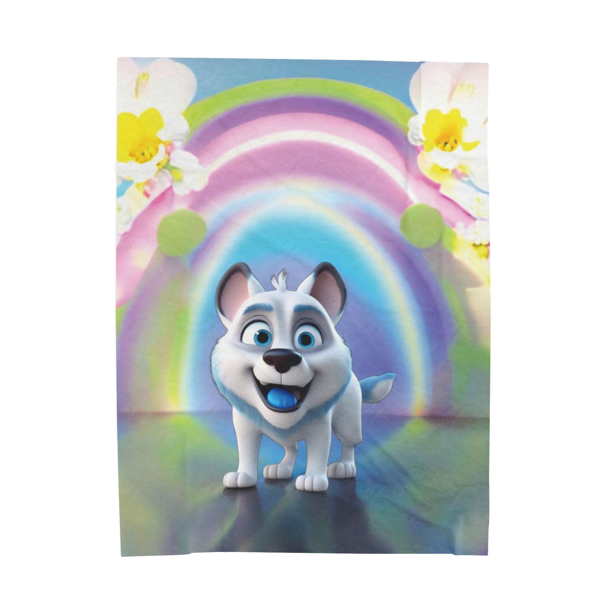 "Playful Puppy and Magic Rainbow" Velvet Plush Blanket – Dreams Filled with Joy! - Happy Dog Children's Throw Blanket