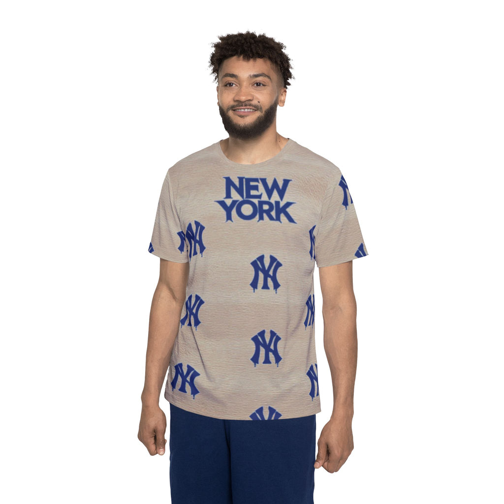 "NEW YORK Drip" T-shirt | Beige All-Over Print with Stylized Blue Logo