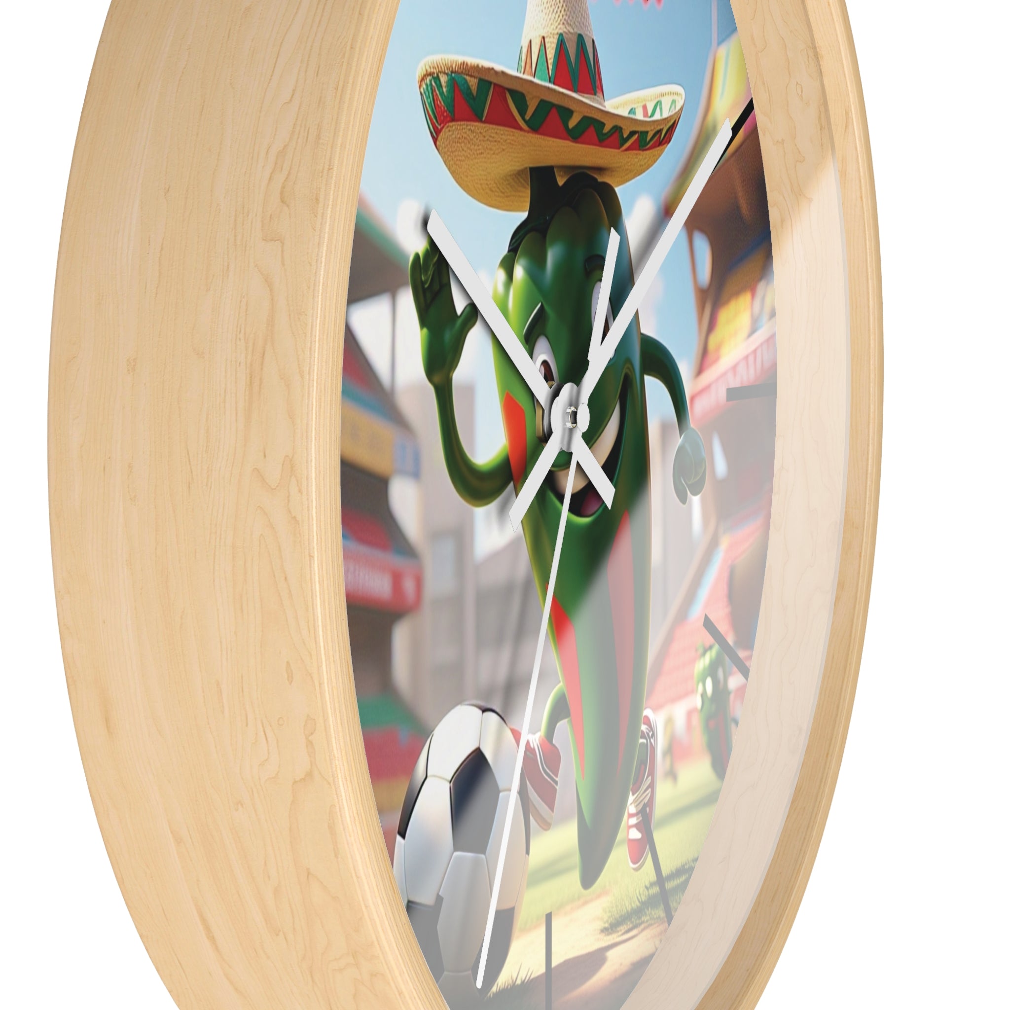 Fun football-themed wall clock with a hot chili character