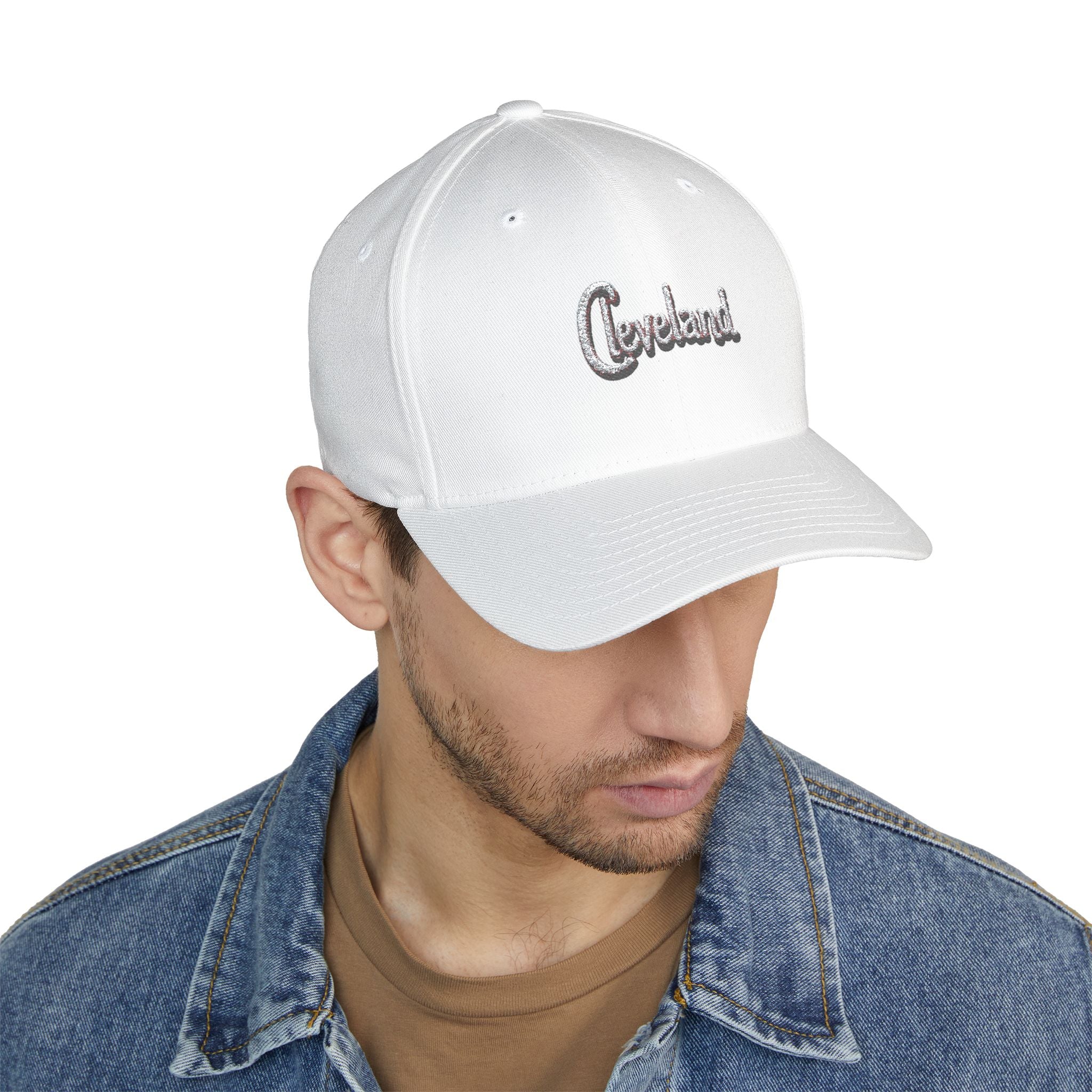 Cleveland Script Embroidered Cap — Classic White Closed-Back Baseball Hat