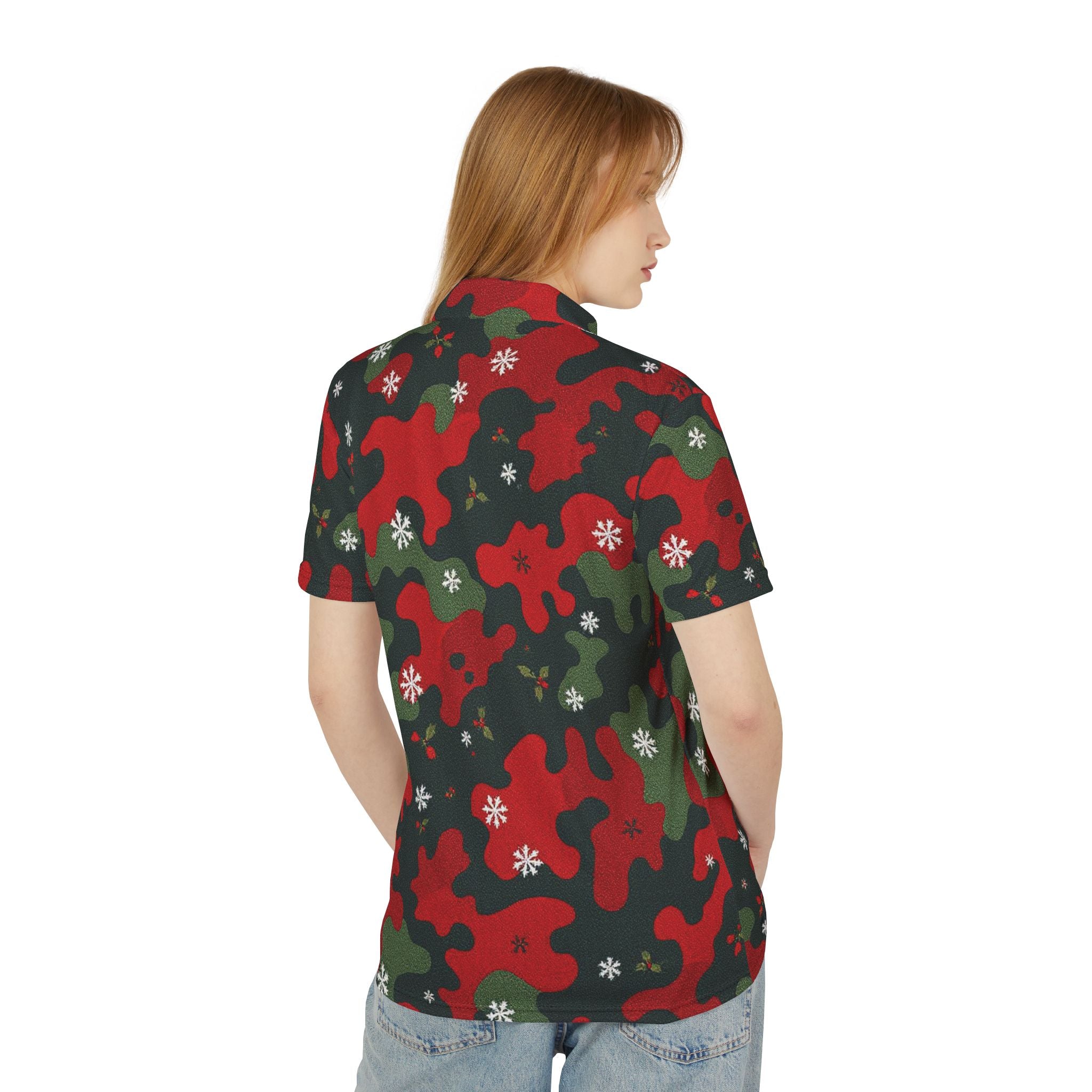 Christmas Camo Polo Shirt — Red & Green Holiday Snowflake Pattern