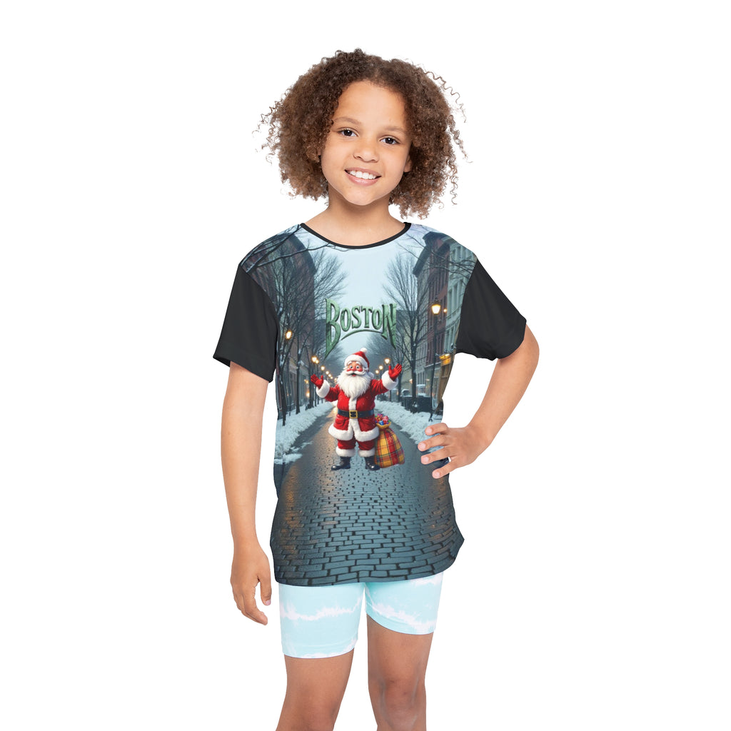 Kids Sports Jersey, Boston Santa Christmas Tee, Youth Holiday Shirt, Festive Apparel, Christmas Gift for Kids