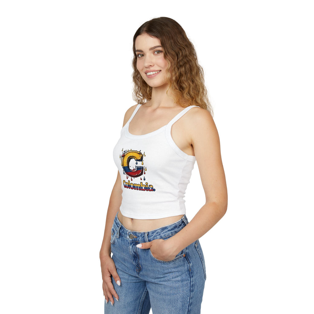Camiseta sin mangas para mujer de inspiración colombiana: tirantes finos y diseño colorido