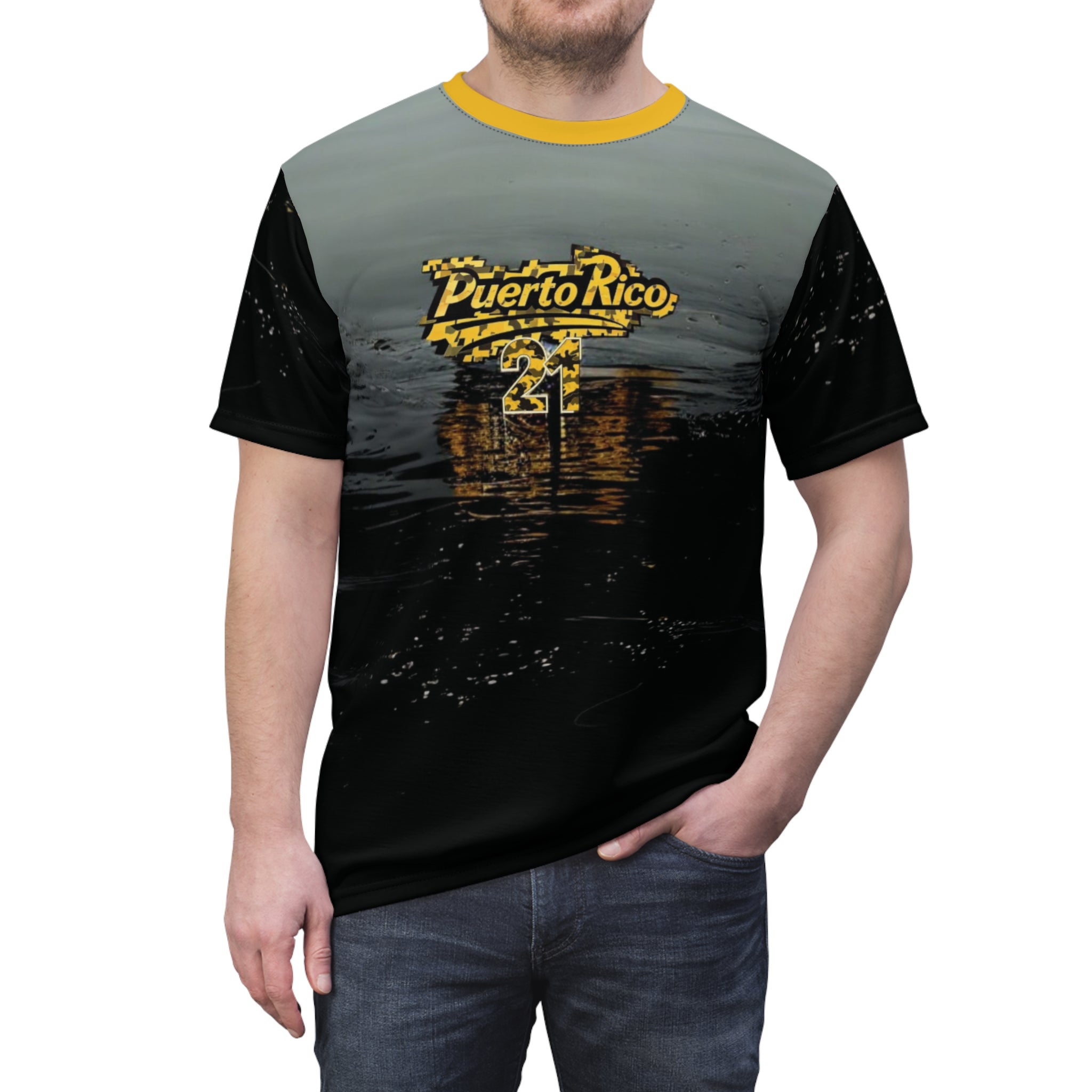 Camiseta unisex con diseño de atardecer de Puerto Rico, ideal para días de playa y celebraciones.