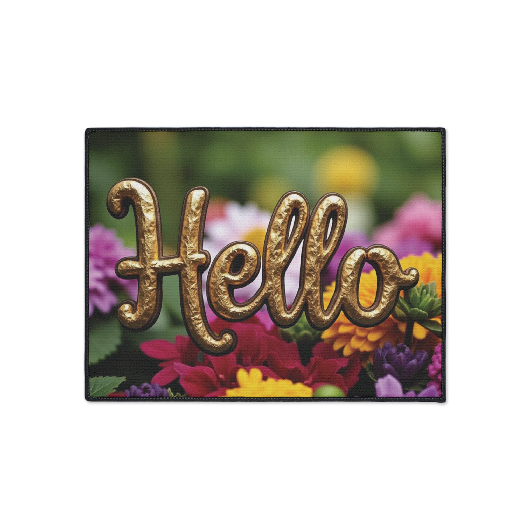 Decorative "Hello" Doormat – Floral with Gold Lettering – Your Perfect Welcome!