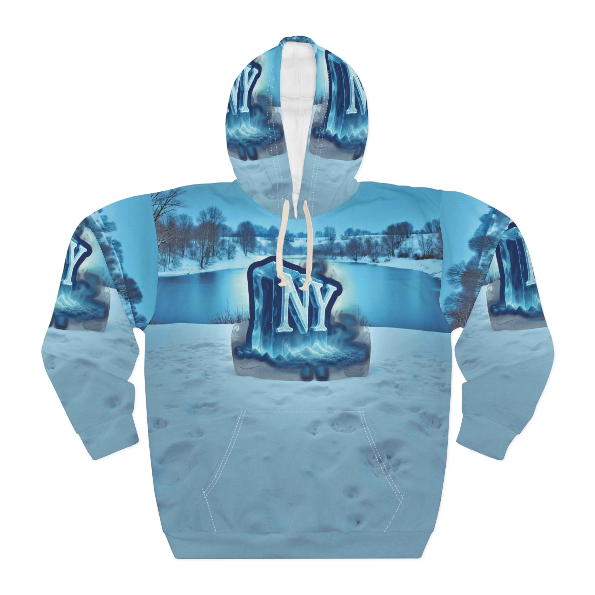 Cozy New York Winter Pullover Hoodie, Unisex Stylish Hoodie, AOP Design, Winter Fashion, Gift for Him and Her, Holiday Wear