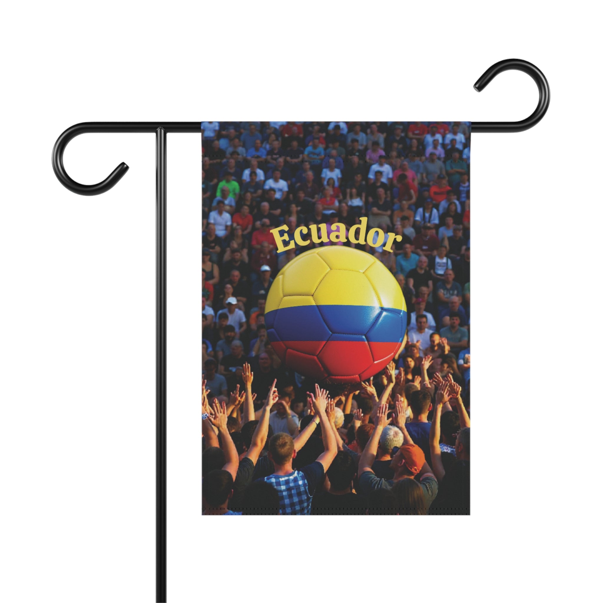 Ecuador Soccer Garden Flag — Crowd & Tricolor Ball Outdoor Banner