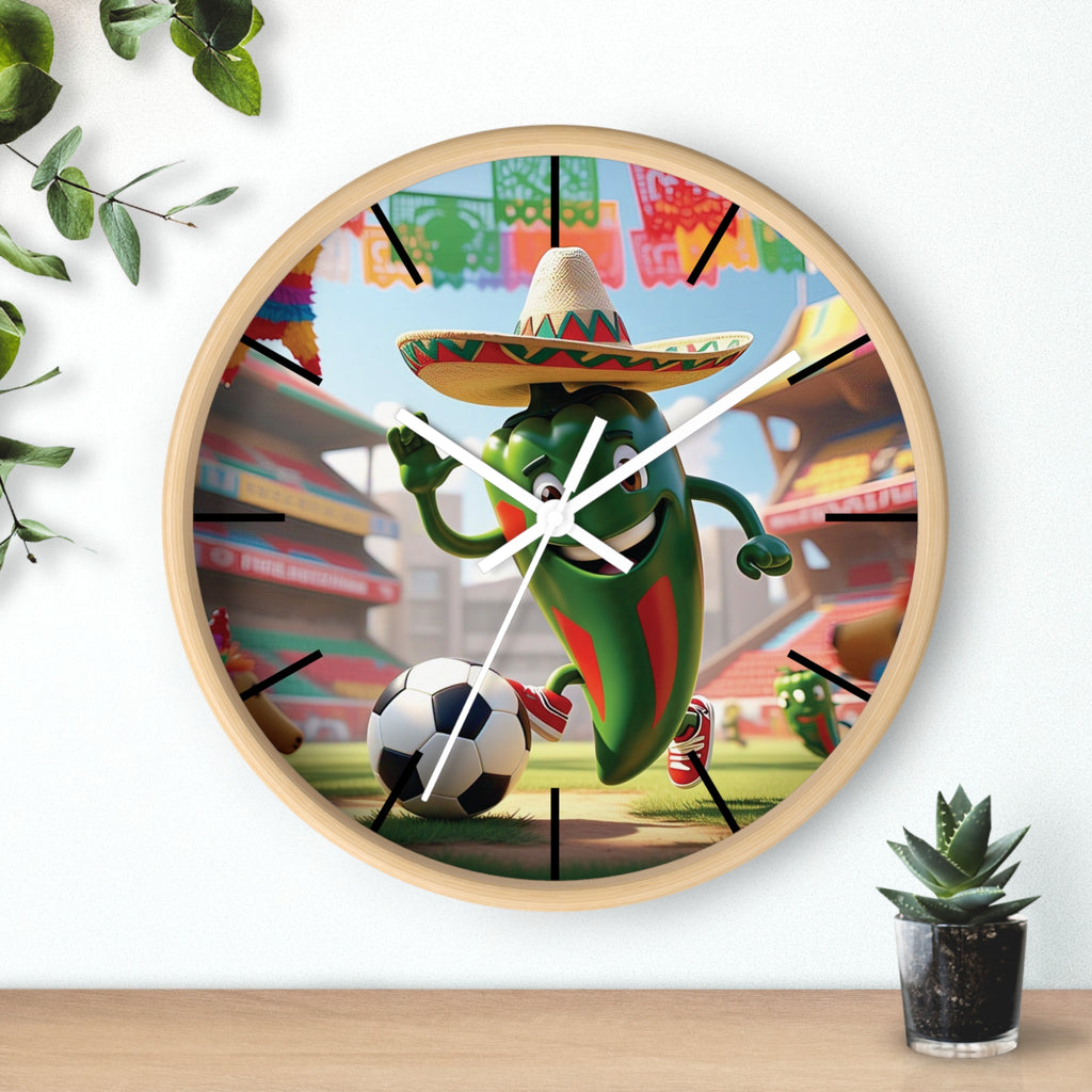 Fun football-themed wall clock with a hot chili character
