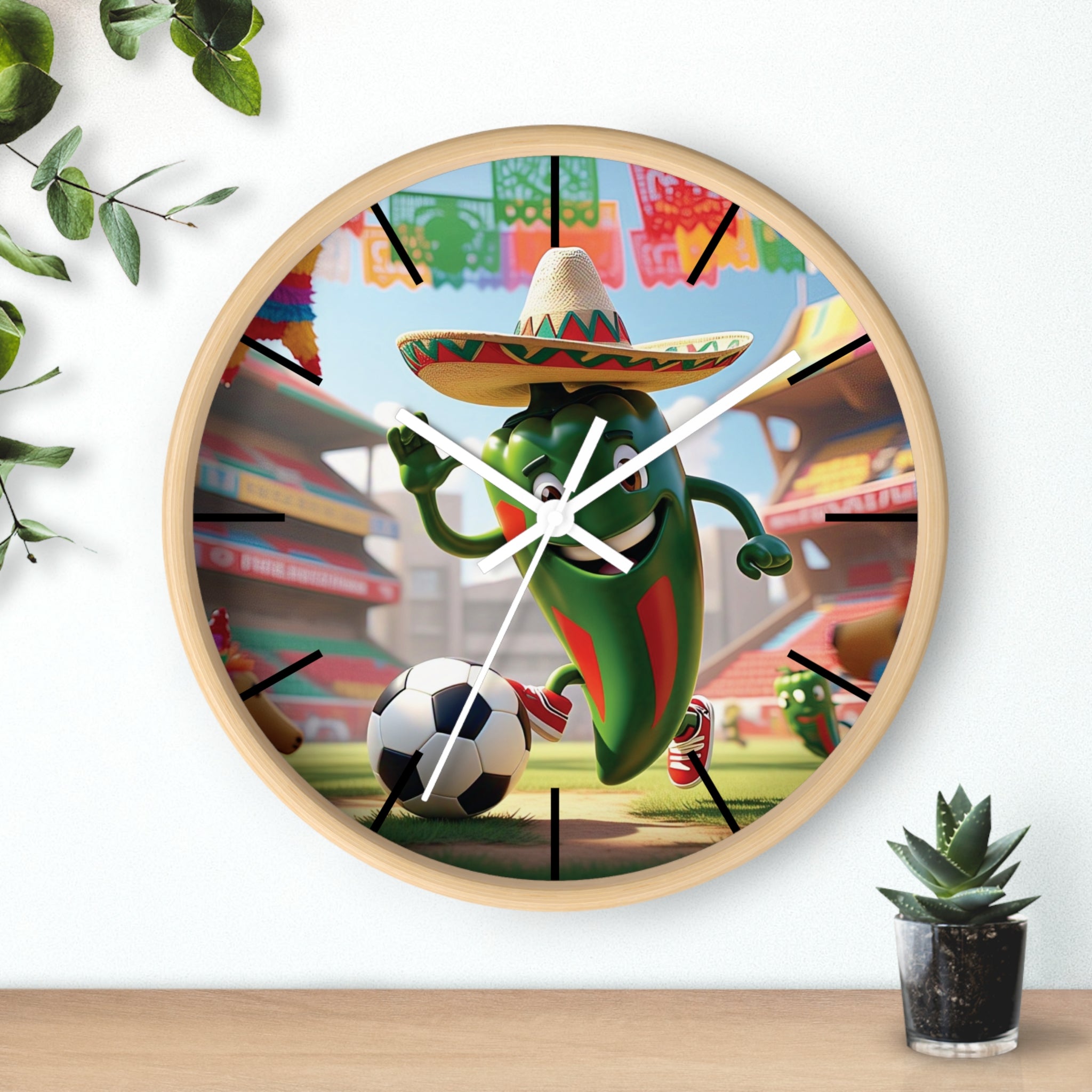 Fun football-themed wall clock with a hot chili character