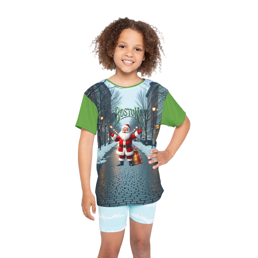 Kids Jersey, Boston Santa Christmas Tee, Youth Holiday Shirt, Festive Apparel,