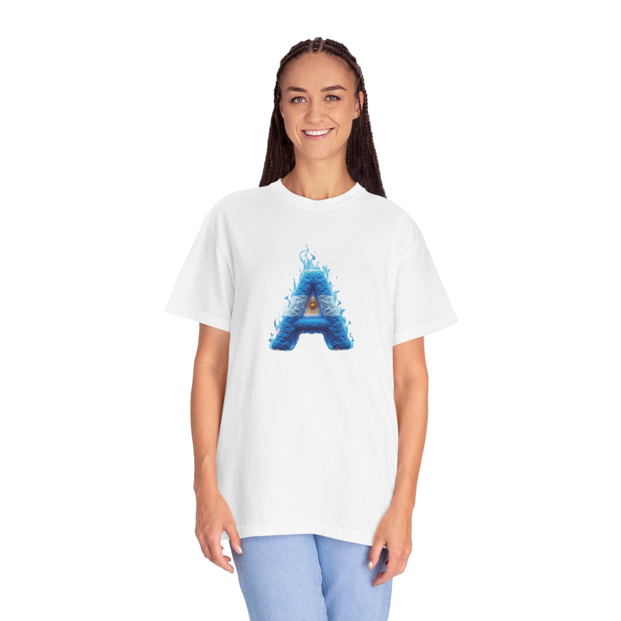 Unisex Argentina Fire &amp; Ice T-shirt with the "A" illustration: modern and comfortable for art lovers.