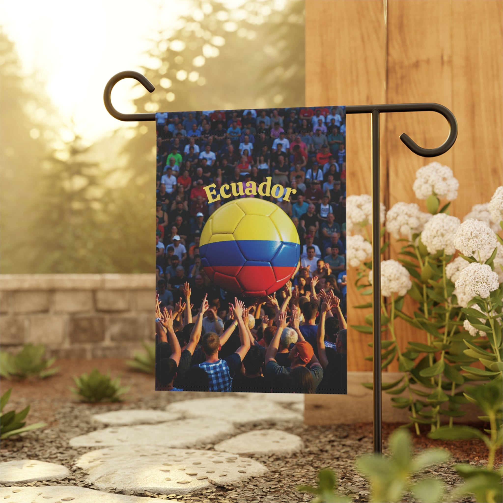 Ecuador Soccer Garden Flag — Crowd & Tricolor Ball Outdoor Banner