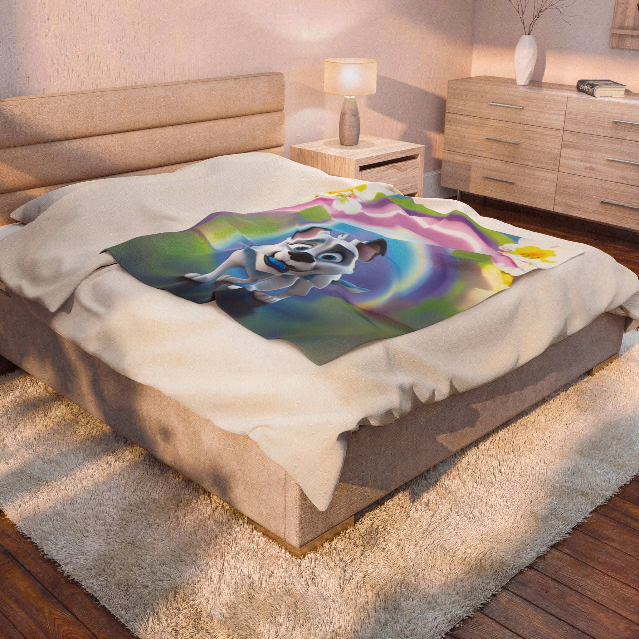 "Playful Puppy and Magic Rainbow" Velvet Plush Blanket – Dreams Filled with Joy! - Happy Dog Children's Throw Blanket