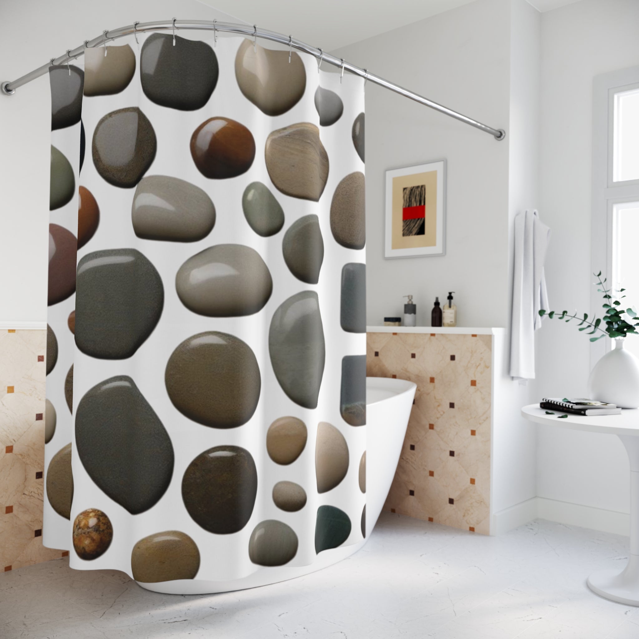 Stone Shower Curtain - Cute Design, White Background 