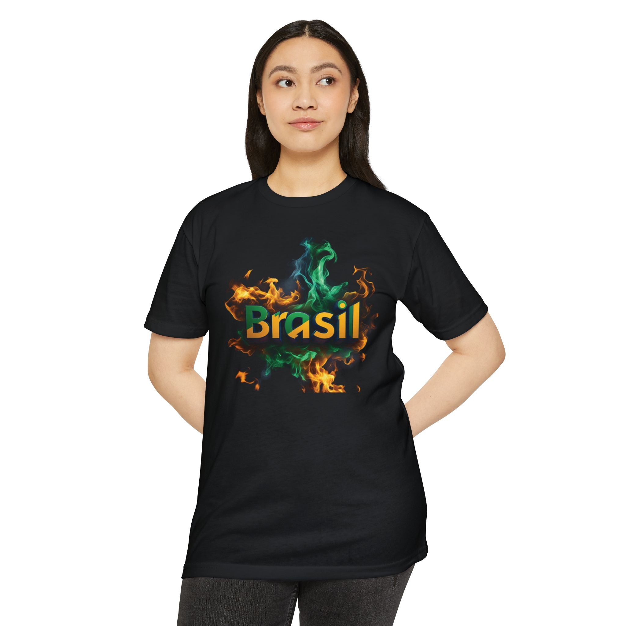 Camiseta unissex com estampa gráfica Brasil Fire - perfeita para fãs de esportes e festivais