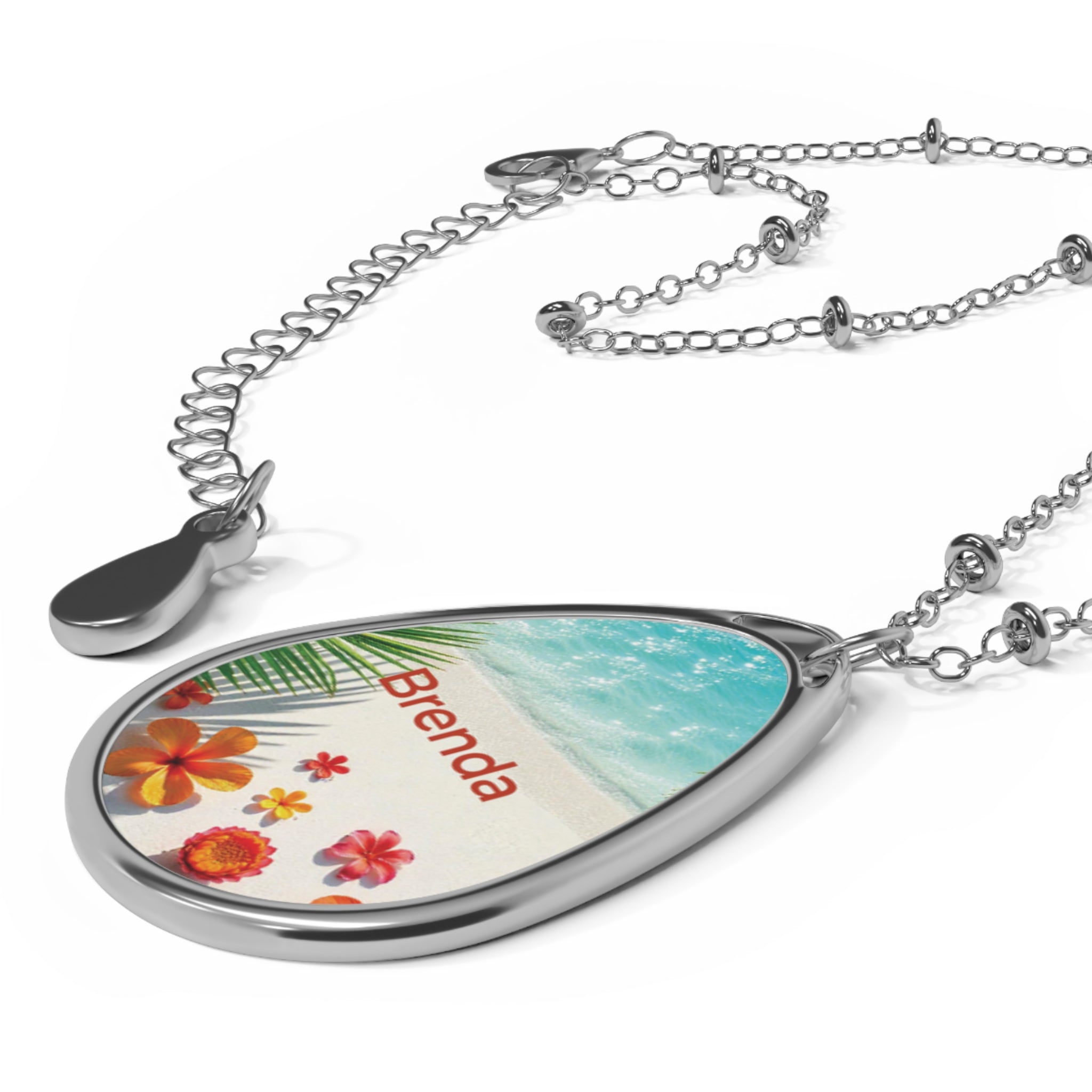 Personalized Oval Necklace — "Brenda" Tropical Beach Teardrop Pendant